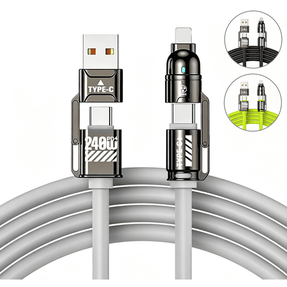 4 in 1 Charging Cable, Thicker Silicone Multiple Charger Cord, Multi 240w FastCharging for Phones, Tablets, Laptops,White