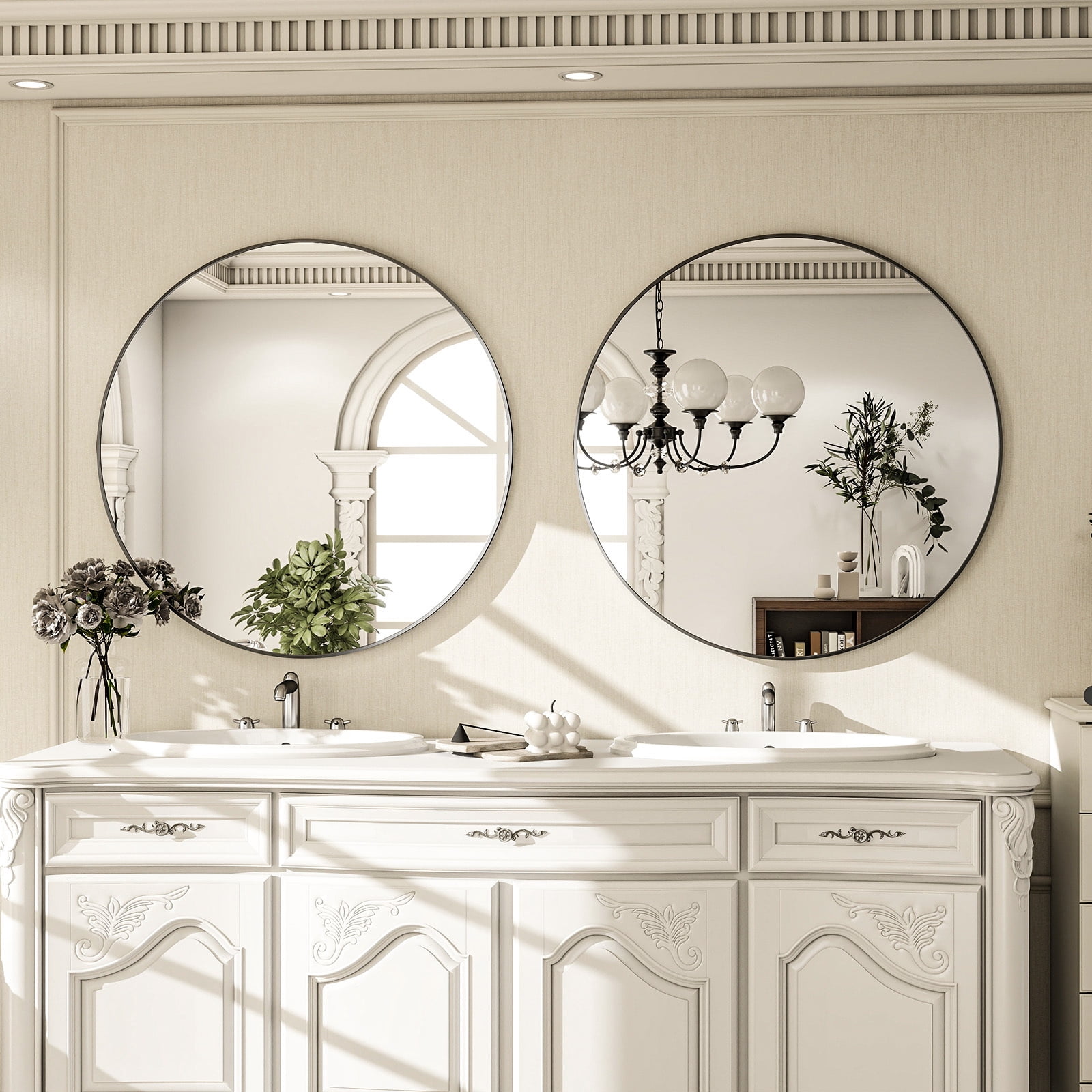 AUROMIR‌ 30" Bathroom Mirror Round Mirror Wall Vanity Mirror with Metal Frame, Black