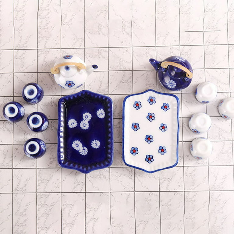 Xyer 1 Set 1:12 Mini Teapot Cup Realistic Decorative Ceramics Japanese Style Porcelain Tea Kit Dollhouse Accessories for Living Room Navy Blue, Size
