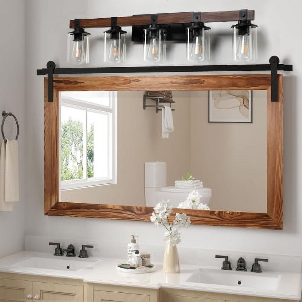 ACE-LIGHTS,5-Lights Farmhouse Rustic Bathroom Light Fixture with Glass Lampshade(Bulbs Not Included),Vanity Lights Fixture for Bathroom,Dressing Room,Bedroom,Living Room(Black)