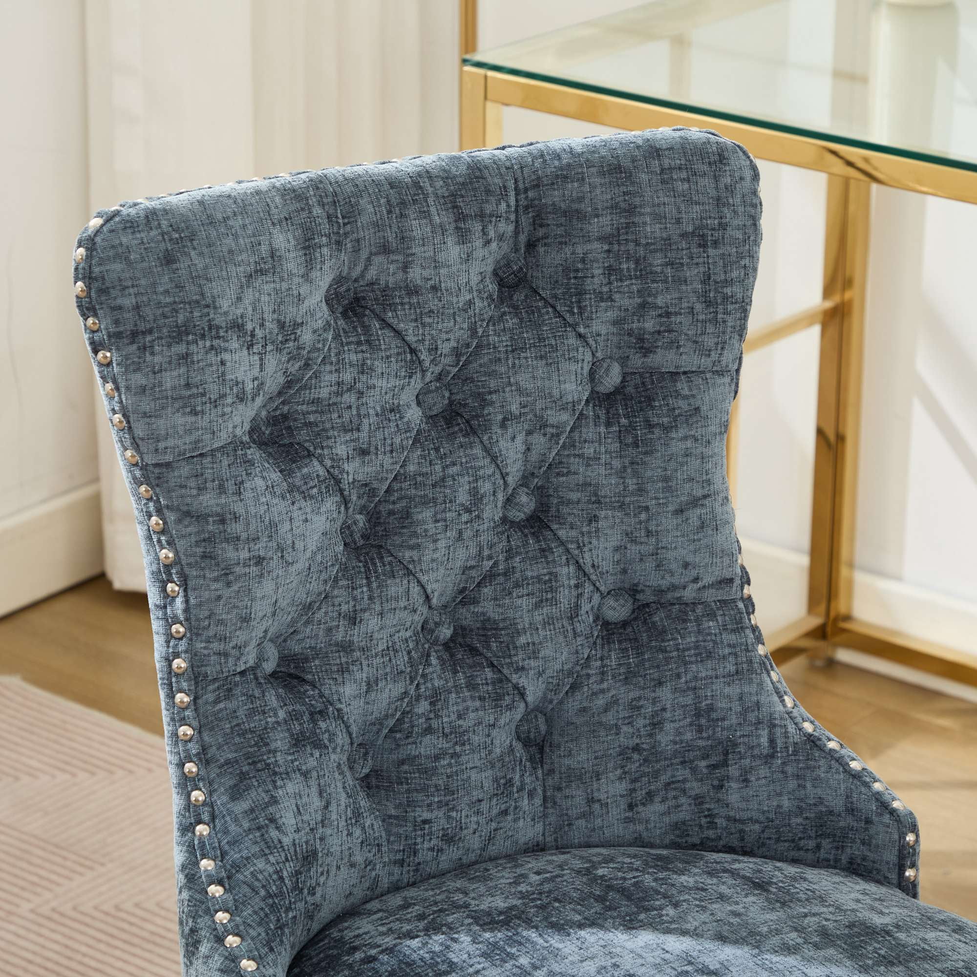 MAYEERTY Modern Chenille Office Chair - Tufted Buttons, Chrome Metal Base, Adjustable Swivel, Light Blue