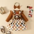 thumbnail image 3 of GYRATEDREAM Newborn Baby Girls Thanksgiving Outfit Infant Long Sleeve Romper + Plaid Print Strap Dress + Headband Skirt 3Pcs Set Toddler Fall Clothes for 0-18 Months, 3 of 9