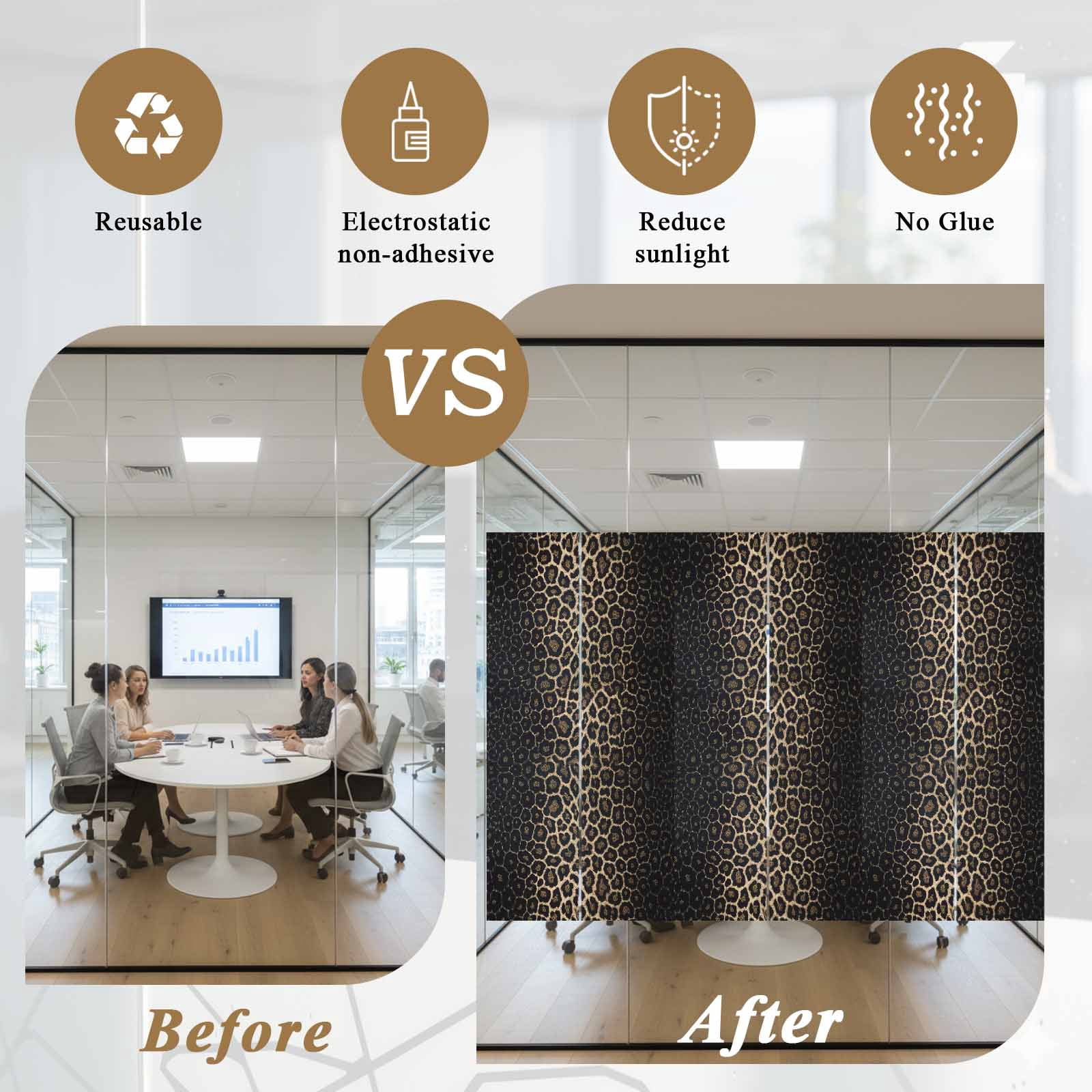 Leopard Print Window Privacy Film, Chic Abstract Black Brown Animals Texture Static Cling UV Sun Blocking Heat Control Window Tint, Non-Adhesive One Way Windows Privacy Cover 35.4''x78.7''