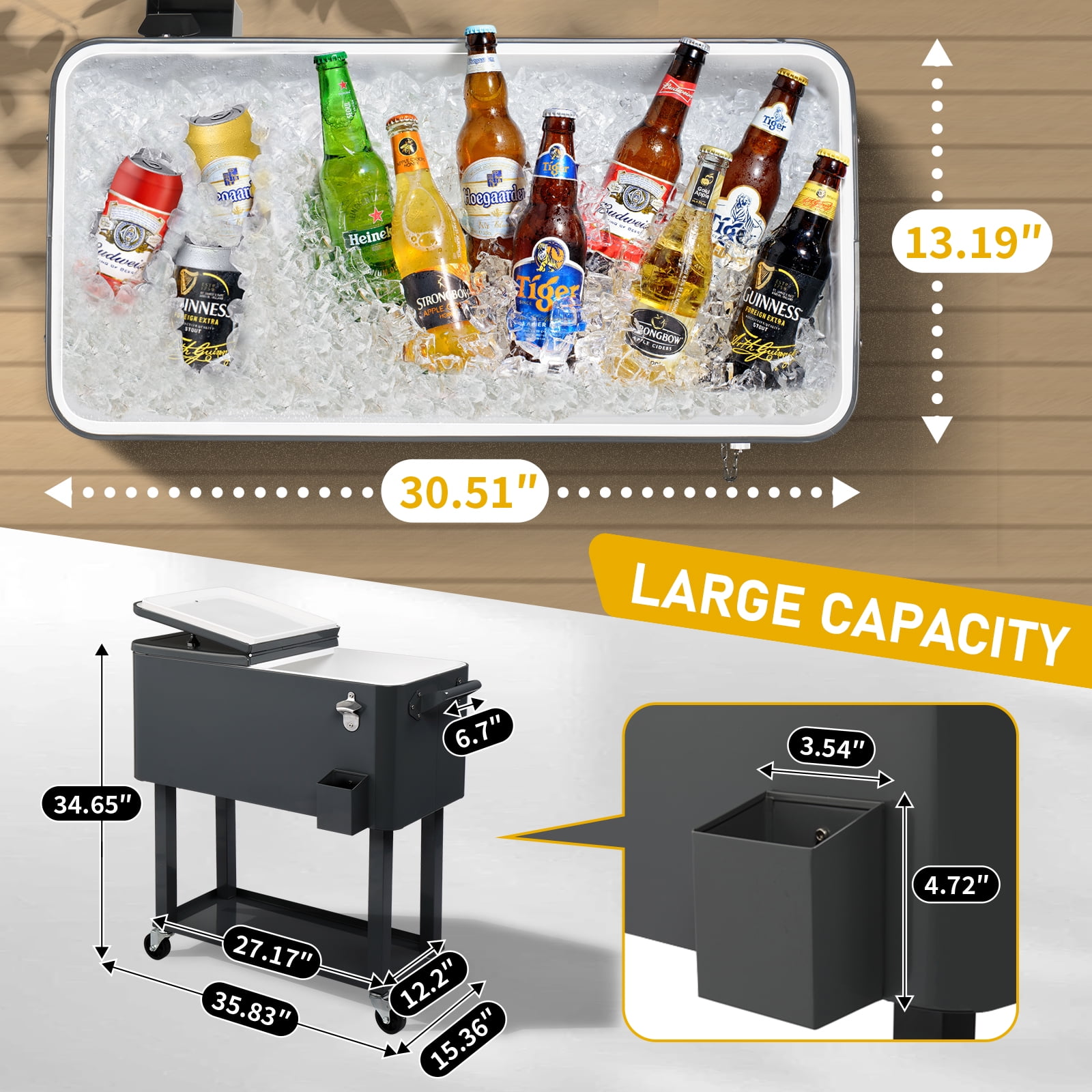 80Qt Rectangular Plastic Box Iron Foot Tube Refrigeration and Insulation Cart, Dark Grey, 87.5*91*38.5cm