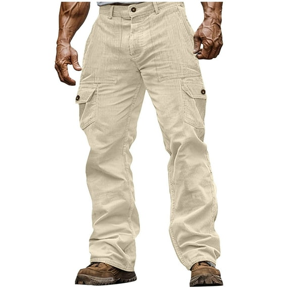 USNSM Corduroy Cargo Pants for Men Casual Solid Color Pocket Button Pants Lightweight Relaxed Fit Stretch Elastic Waist Work Pants Beige XXL