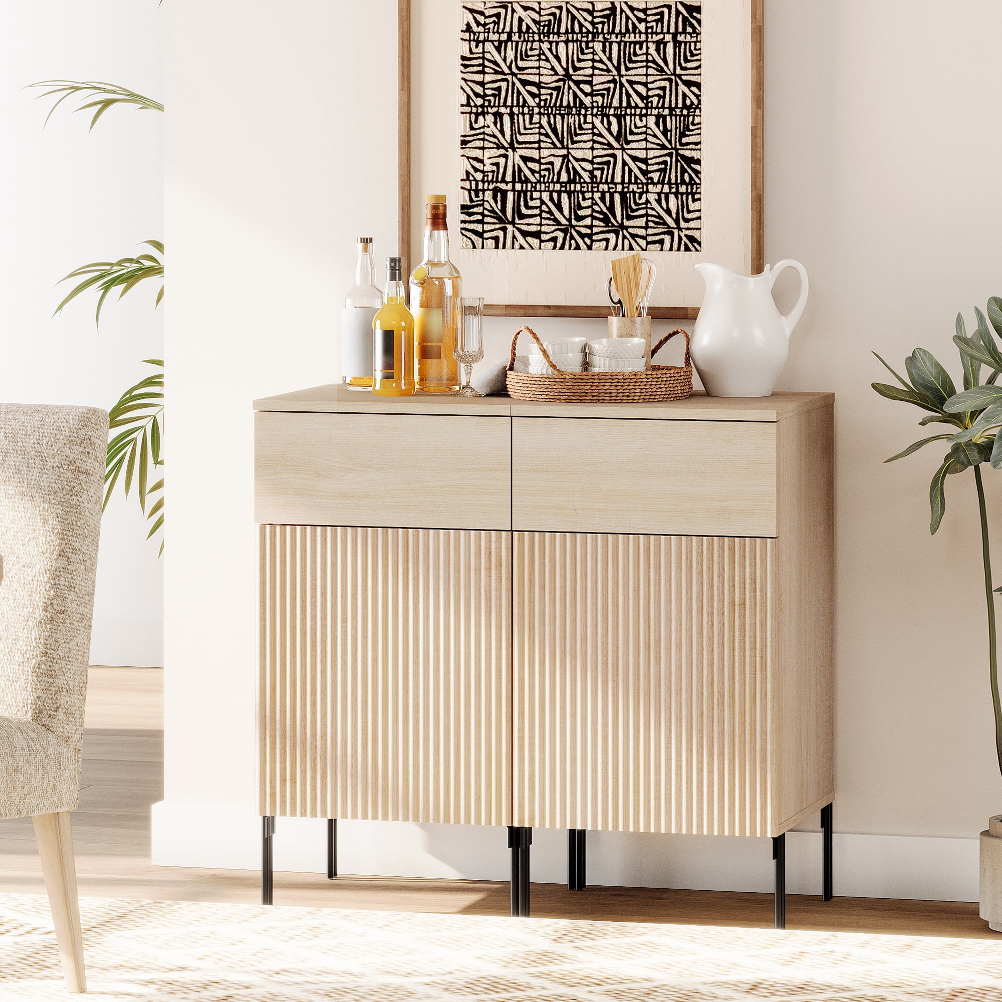 31.5" Wooden 2-Doors Sideboard with Charging Station, Modern Reeded Credenza Storage Cabinet for Kitchen, Dining Room