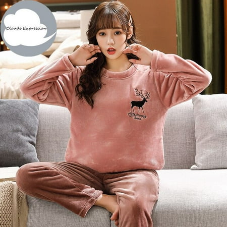 

QWZNDZGR Winter Warm Flannel Women Cartoon Sleepwear Cute Girls Pajamas Fashion Pajama Set Pullover Coral Fleece Pijamas Mujer Homewear
