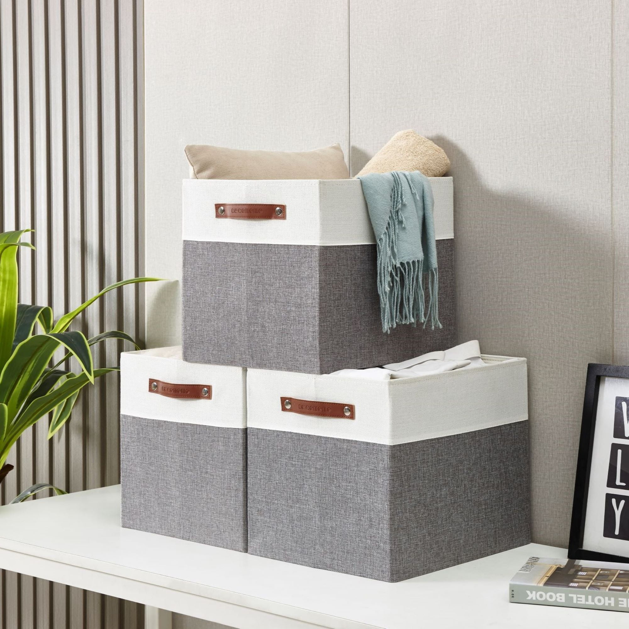 DECOMOMO Fabric Storage Baskets 13" x 15" x 13" Collapsible Storage Bins (Grey and White, Set of 3)