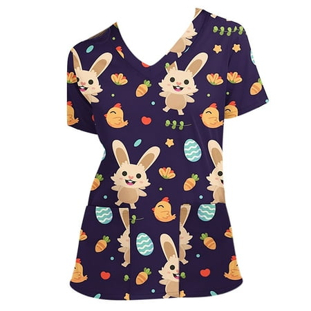 

Beiwei Summer Shirt for Womens Short Sleeve V Neck Blouse Cute Graphic Print Scrub Tops Tee Loose Pocket Uniform T-shirt