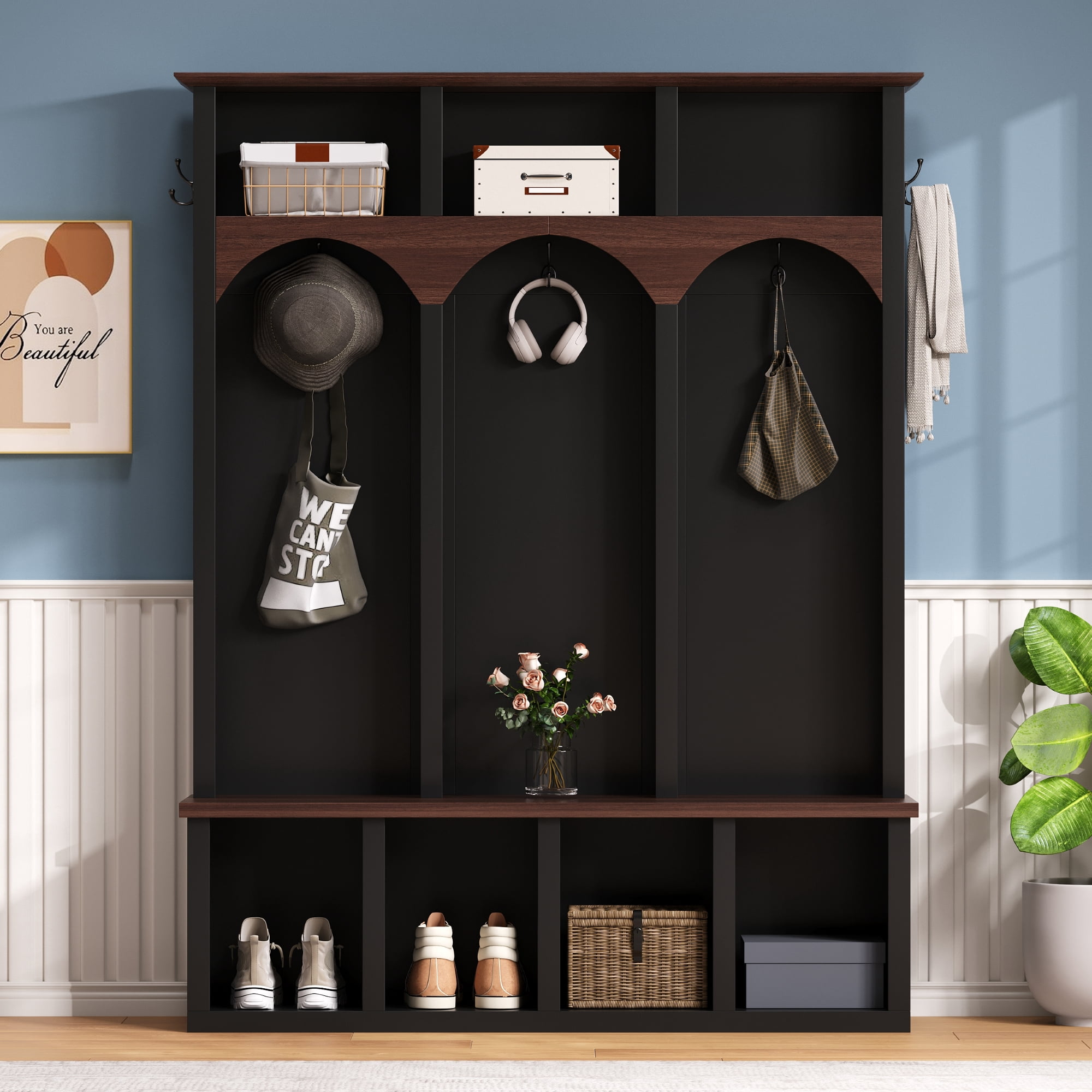 Euroco Farmhouse Wooden Style Hall Tree with Arched Design, Practical Entryway Walnut Storage Bench with 5 Black Hooks, Minimalist 4-in-1 Hallway Shoe Cabinet with 7 Cubbies