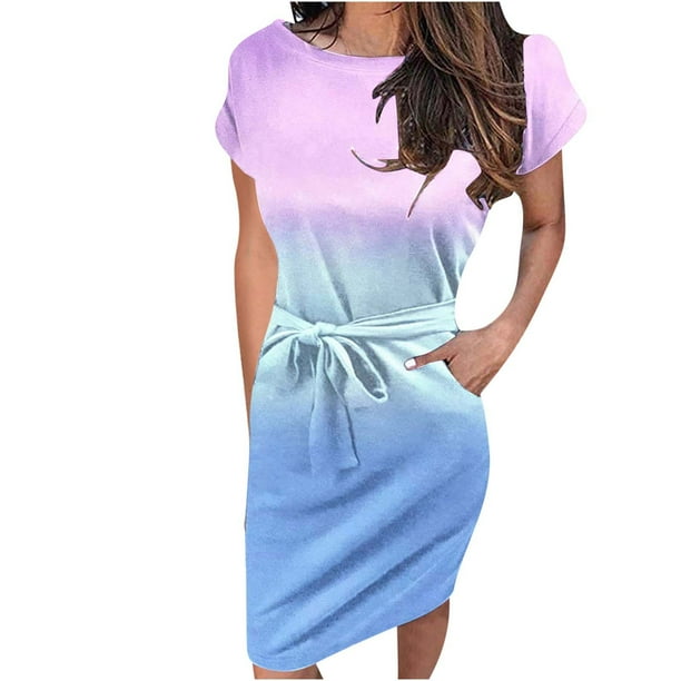 Puntoco Vestido De Manga Corta Con Cuello Redondo Y Cintura Con Cordones Degradados Para Mujer Púrpura Xxl,Regalos Para Mujer Joven
