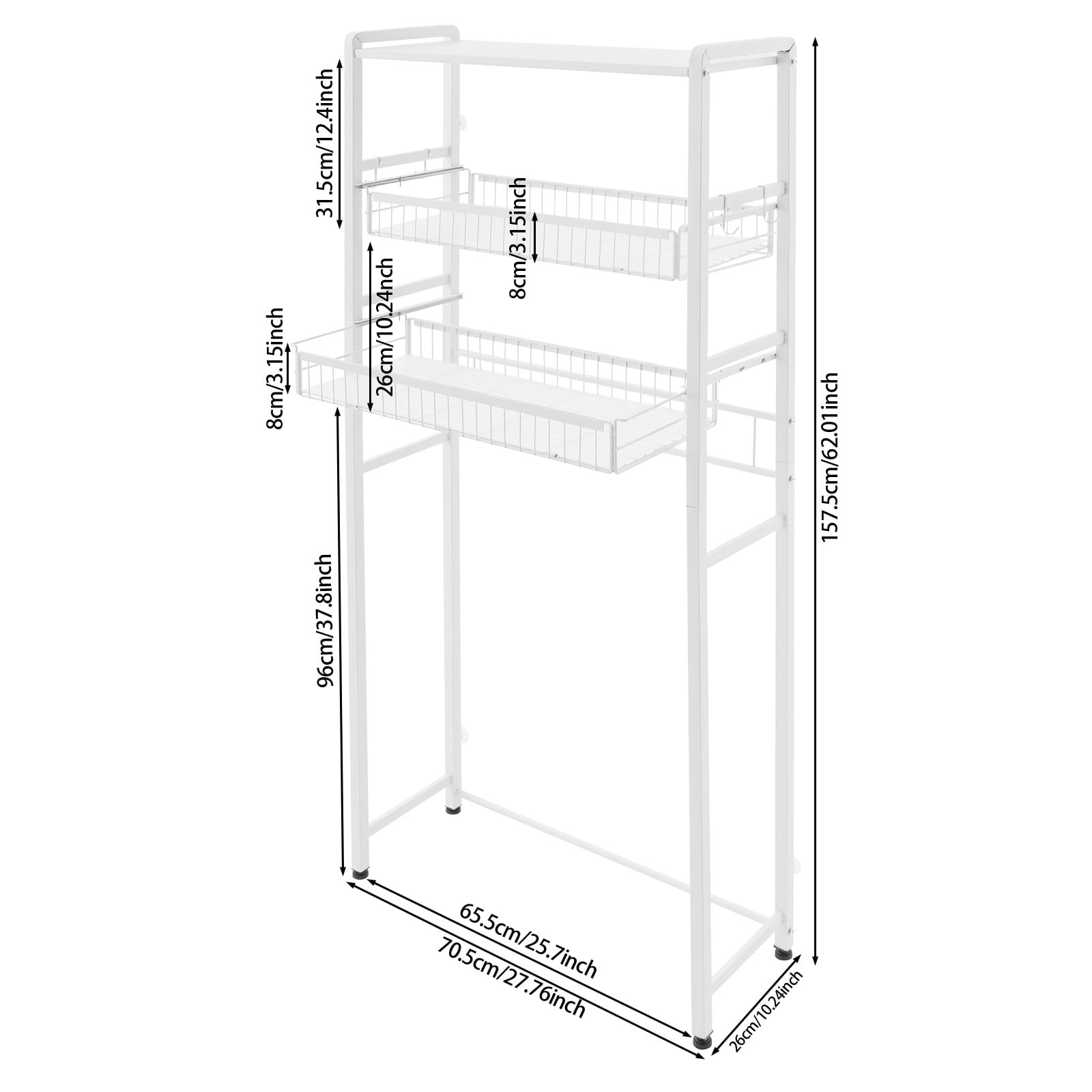 White Washer Dryer Stacking Rack Stand, Dryer Storage Shelf with 3 Tiered Shelf, Space Saver Shelving Units Freestanding Closet Organizer Storage with Hooks