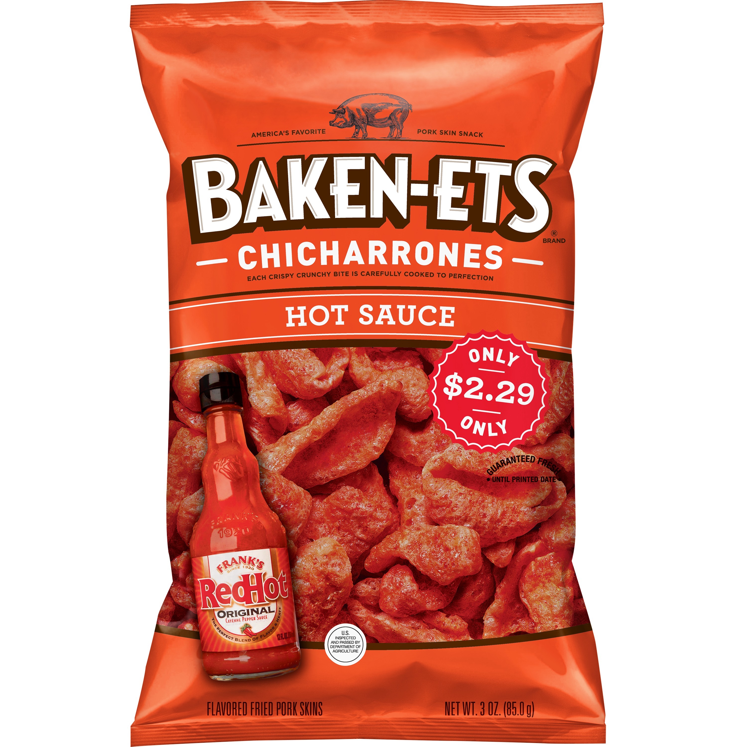 Baken-Ets Chicharrones Frank's Red Hot Flavored Fried Pork Skins, 3 oz
