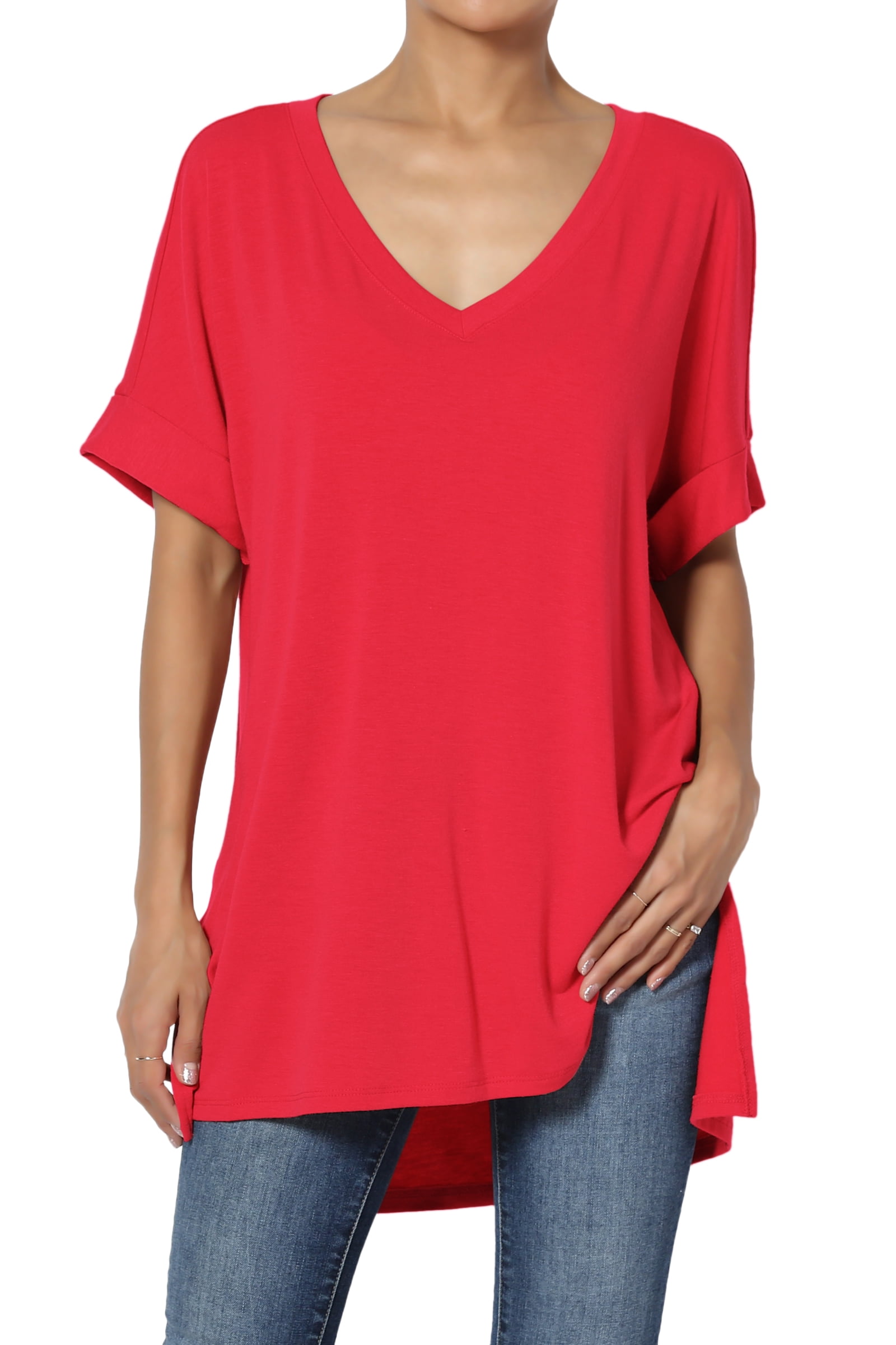 TheMogan S~3X Casual V-Neck Rolled Short Sleeve Hi-Low Side Slit Tunic Top Tee TheMogan S~3X Casual V-Neck Rolled Short Sleeve Hi-Low Side Slit Tunic Top Tee