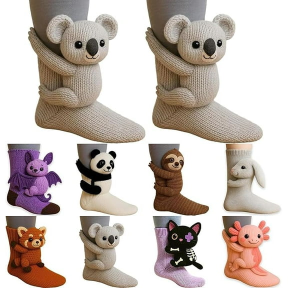 FYHALE 3D Knit Animal Socks Novelty Animal Hug Sock Hand Crocheted Warm Socks Funny Christmas Socks Gifts for Women