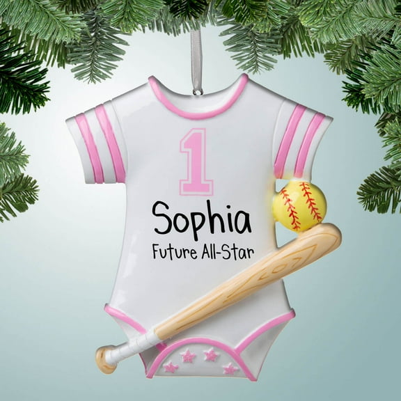 Baby Girl in Softball Onesie - Personalized Ornament - Baby's First Christmas - 1st Xmas - Perfect Stocking Stuffer - Great Gift Ideas