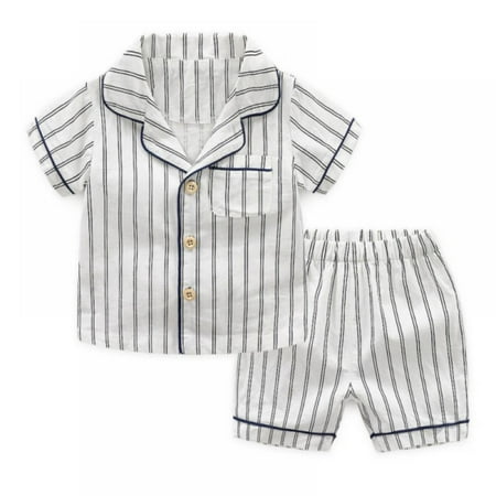 

Kids Short Sleeve Pajamas Fall Lounge Set 2 Piece Little Big Girls Boys Button Down Sleepwear Toddler Striped Pjs