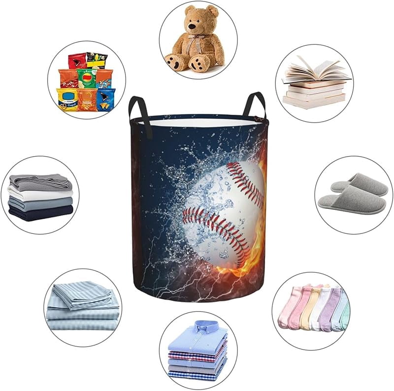 Sport Baseball Ball In Fire And Water Round Laundry Hamper Storage Basket Toys Clothes Organizer Bin For Home Bathroom Bedroom Dorm Nursery