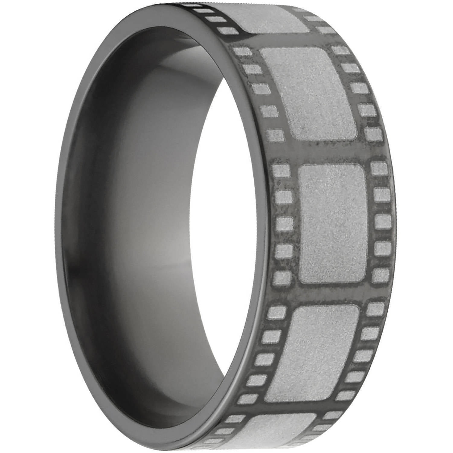 8mm Flat Black Zirconium Ring with Movie Film Lasered Around the Ring