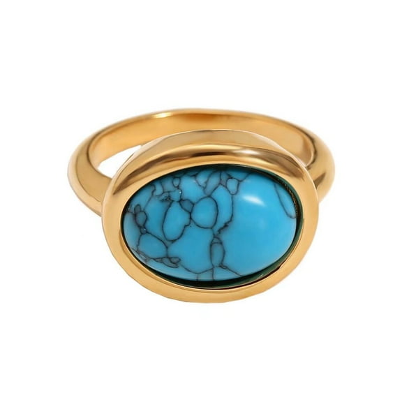 HIJONES Women's Oval Gemstone Stainless Steel Ring Personalized High Polished Band Ring Jewelry Comfort Fit Blue Size 6