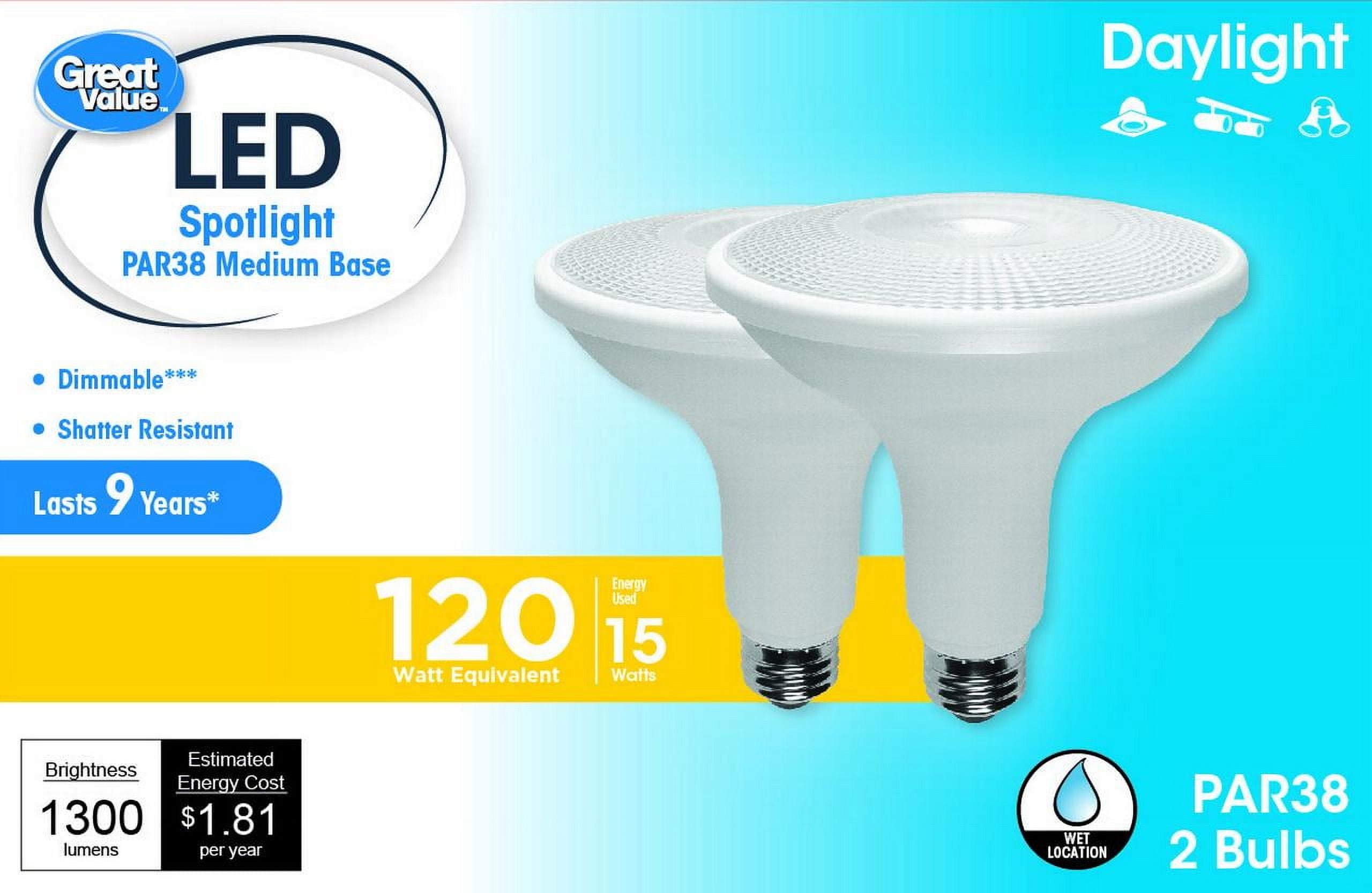 (4 pack) Great Value LED Light Bulb, 15 Watts (120W Equivalent) PAR38 Floodlight Lamp E26 Medium Base, Dimmable, Daylight, 2-Pack