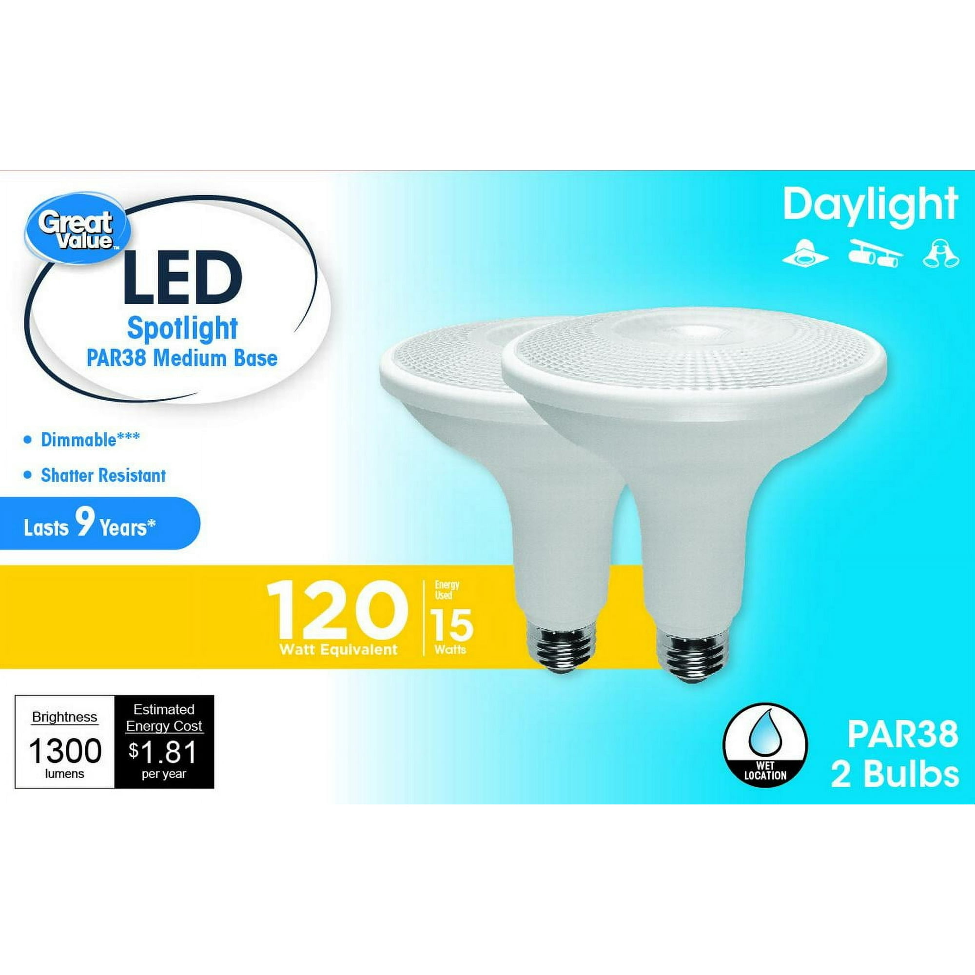 Great Value LED Light Bulb, 15 W (120 W Equivalent) PAR38 Floodlight Lamp, E26 Medium Base, Dimmable, Daylight, 2-Pack