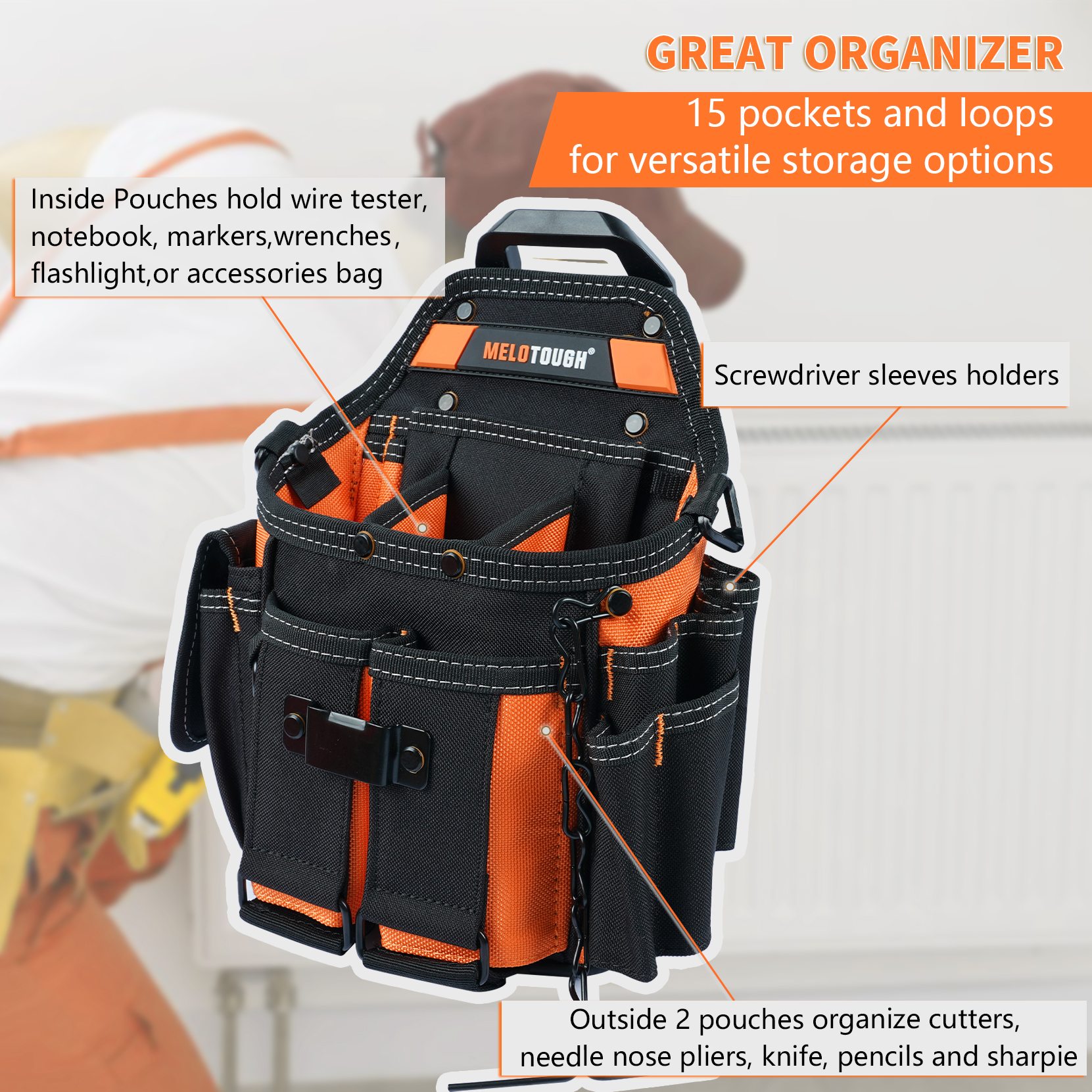 MELOTOUGH Electrician Tool Pouch Bag with Shoulder Strap Professional 15 Pockets Tool Pouch with Belt Clip Quickly Attach and Release Tool Bag