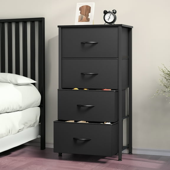 Uforic 4 Storage Dressers with Fabric Dresser Organizer Unit  Wide Chest Of Drawers Nightstand Storage Tower for Bedroom, Black