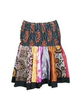 Mogul Colorful Flare Mini Skirt High Waist A-Line Gypsy Hippie Chic Printed Flowy Silk Skater Skirts