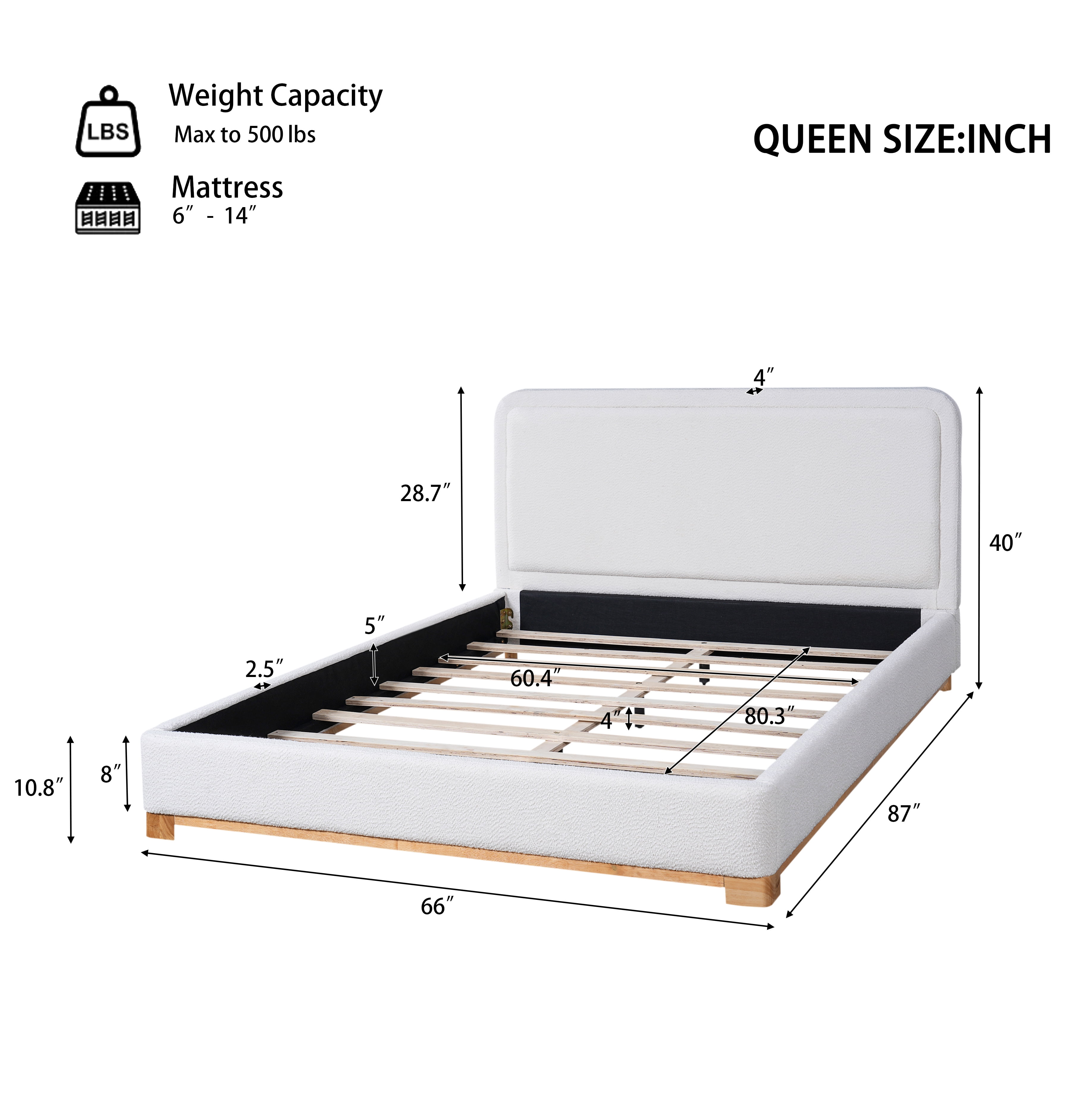 Queen Size Bed Frame with Boucle Upholstered Curved Headboard & Solid Wood Base, Platform Bed for Bedroom, White