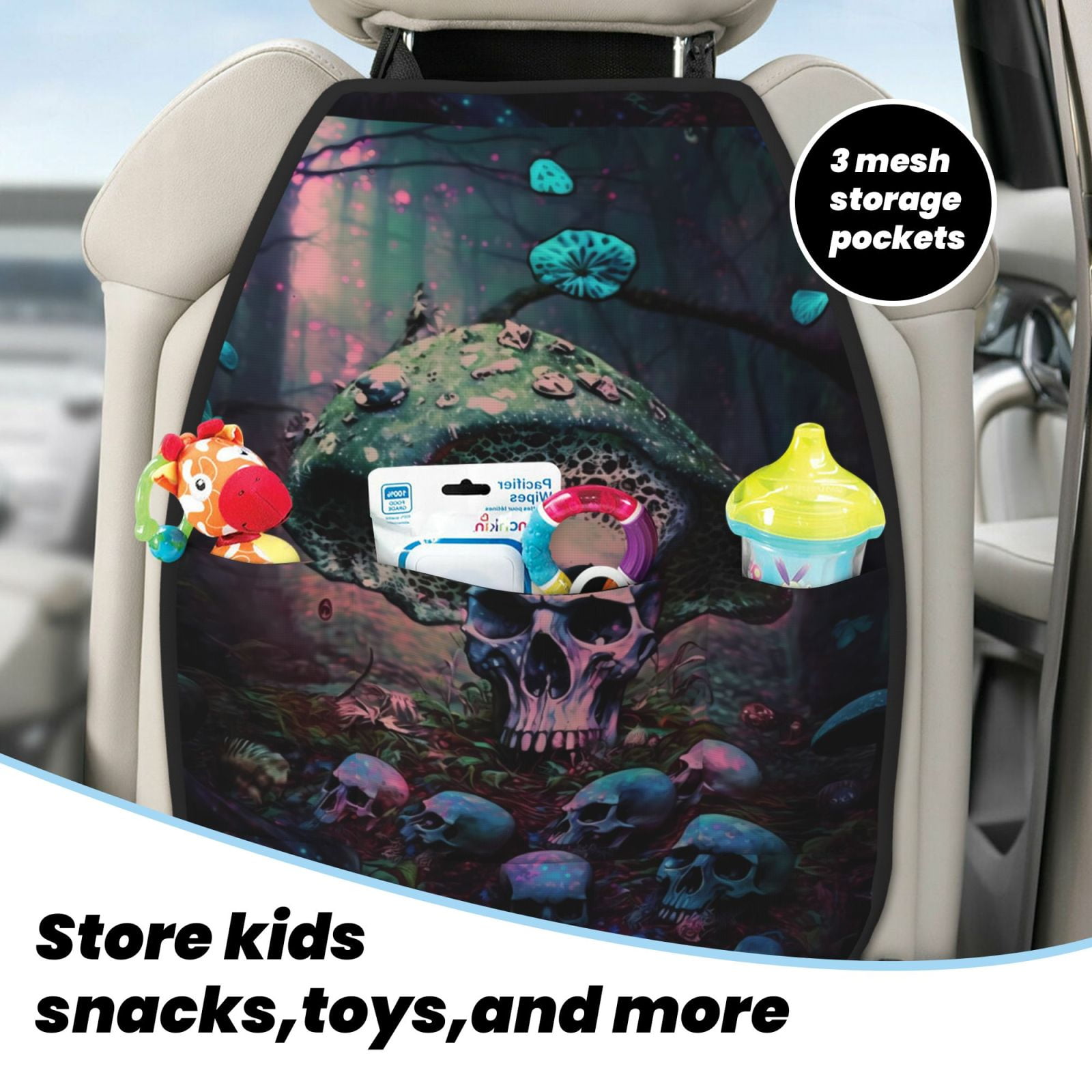 Xecao Forest Mushroom Skull Pattern Car Seat Back Protector 2 Pack Large Capacity Pocket, Kick Mats Back Seat Protector