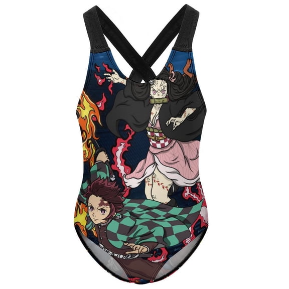 Demon Slayer Swimwear Kids' One-Piece Swimsuit Quick-Dry Cute Printed Girls' Swimwear Bathing Suit for Beach & Pool 6-7Y(110cm)
