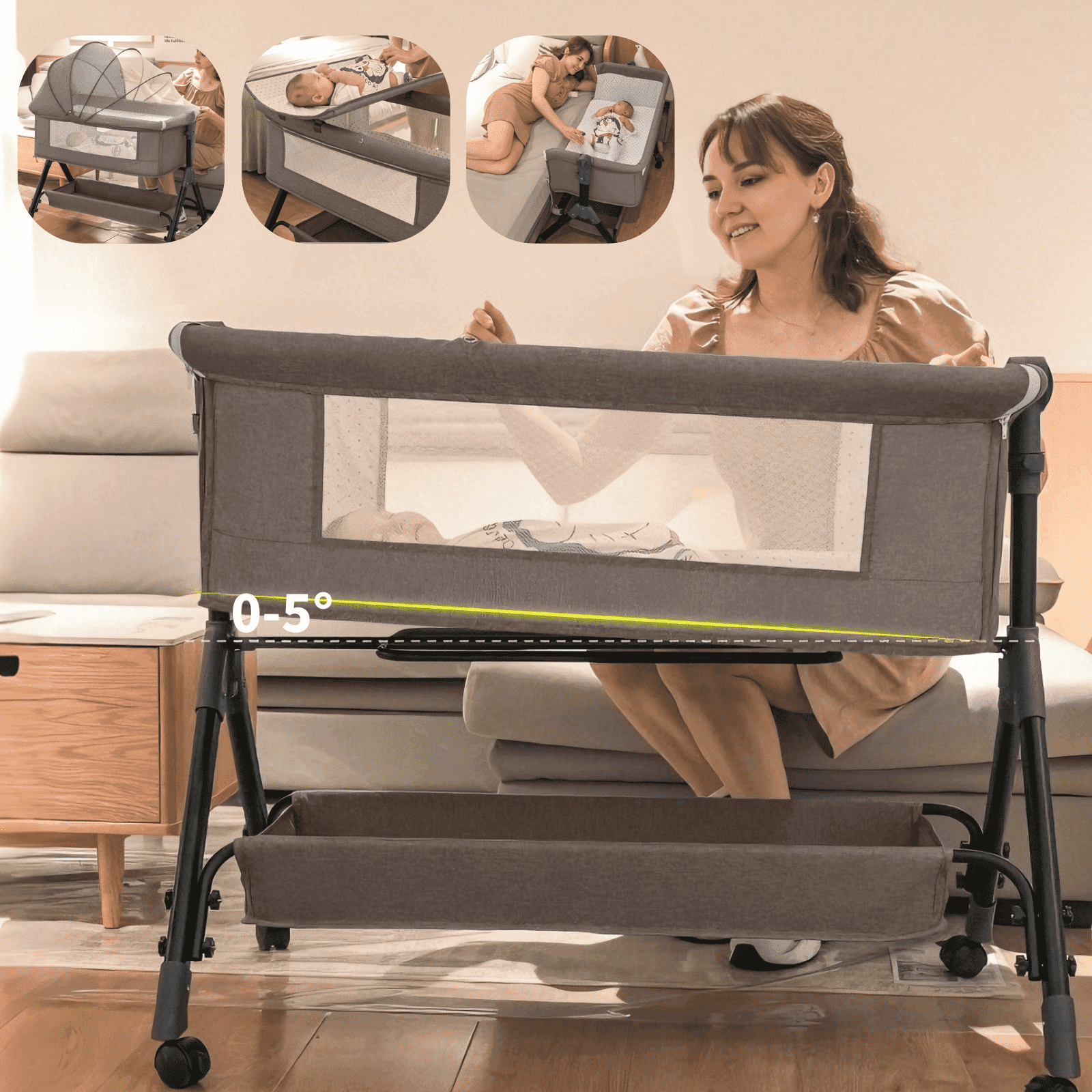 4 in 1 Baby Bedside Bed,Portable Newborn Cribs with Changing Table,Rocking Infant Bed with Mosquito Net,Height Adjustable,Unisex,KHAKI