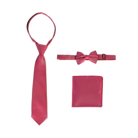 Gioberti Little Boys Fuchsia Solid Necktie Bow Tie Pocket Square 3 Pc Set