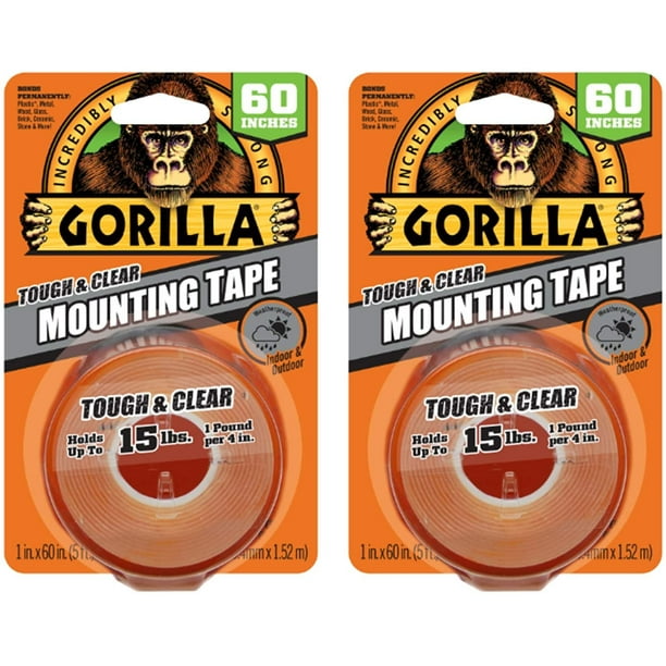 Gorilla Tough & Clear Double Sided Mounting Tape, 1" x 60", Clear, (Pack of 2)
