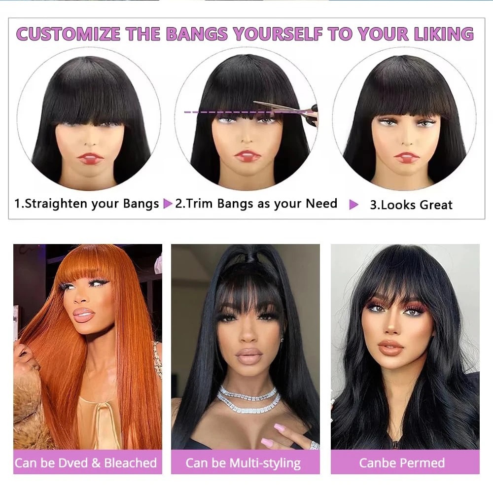 Human Hair Wigs with Bangs 18-36 Inches Straight Non Lace Wig for Women