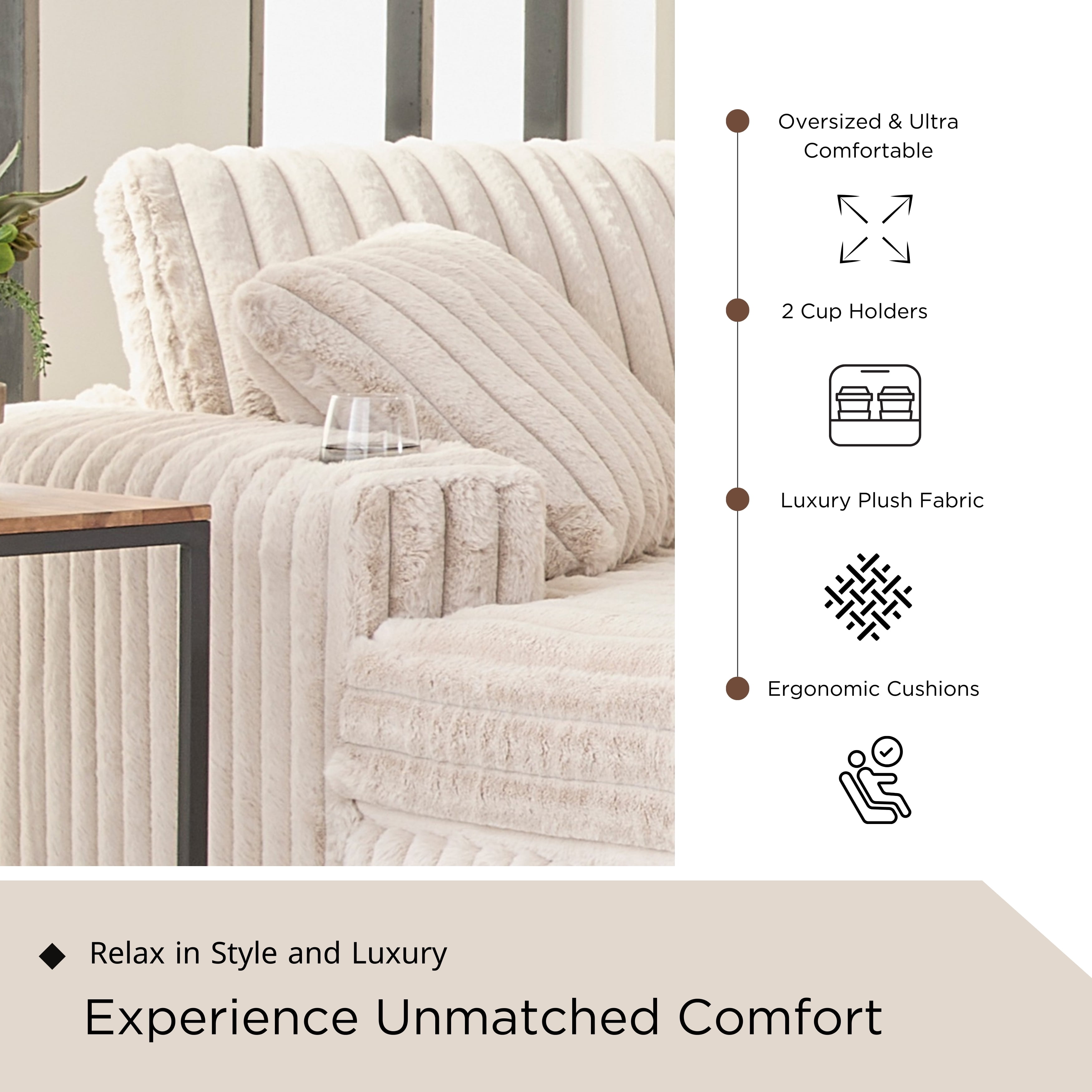 Roundhill Furniture Belvoir Oversized Cuddle Chaise, with Cup Holders, Beige Champagne