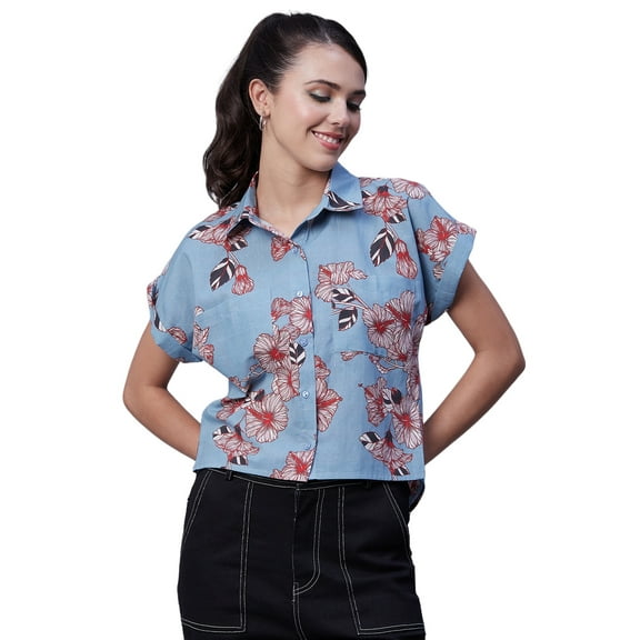 Moomaya Printed Button-Up Shirt For Women, Short Sleeve Collared Blouses With Pockets