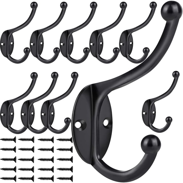 Ganchos de pared, 10 piezas Ganchos para abrigos Ganchos para toallas para colgar abrigos Ganchos dobles para batas negros sin óxido Montados en la pared con tornillos para llave