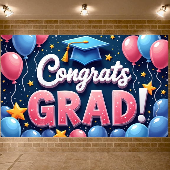 Pink Blue Balloons Congrats Grad Banner Gold Stars Graduation Display Blue Graduation Cap Sparkling Dots Grad Party Backdrop for graduation ceremony grad party graduation photoshoot