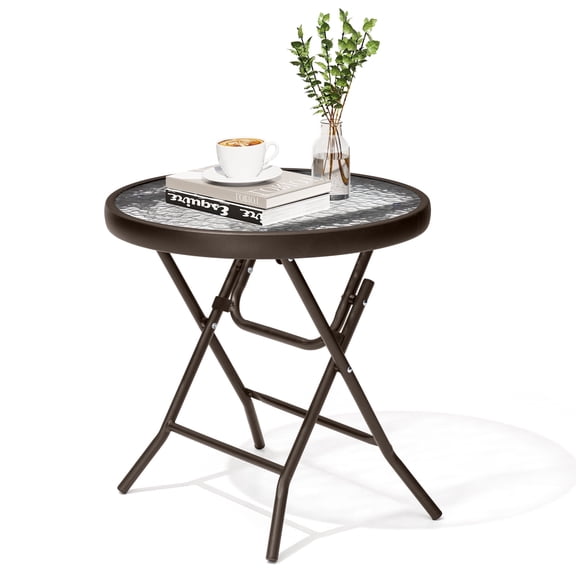 Pellebant Foldable Patio Side Table with Tempered Glass Top 18" Small Glass Patio End Tables for Porch Yard Balcony Deck Lawn Dining Garden (Brown)