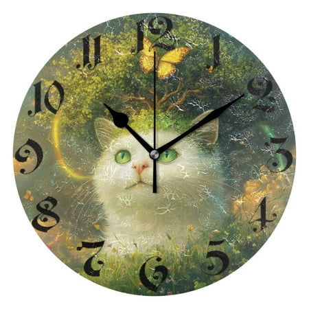 DEIARA Forest White Cat Burgundy Butterfly Wall Clock 10in Silent Mechanism Battery Operated Retro Style for Living Room Bedroom and Kitchen Black Pointer