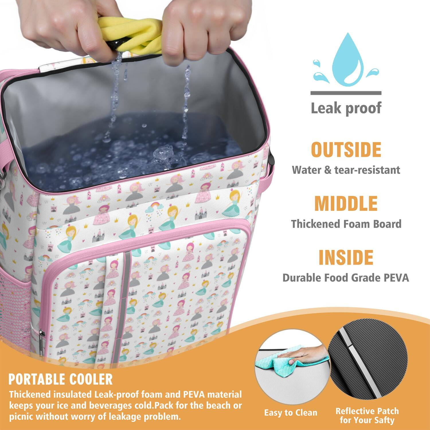 Travel Cooler Bag - White Princess Castle Pattern Camping Beer Cooler Backpack with Bottle Opener- Waterproof Insulated Picnic Backpacks - Cooler Bag for Beach