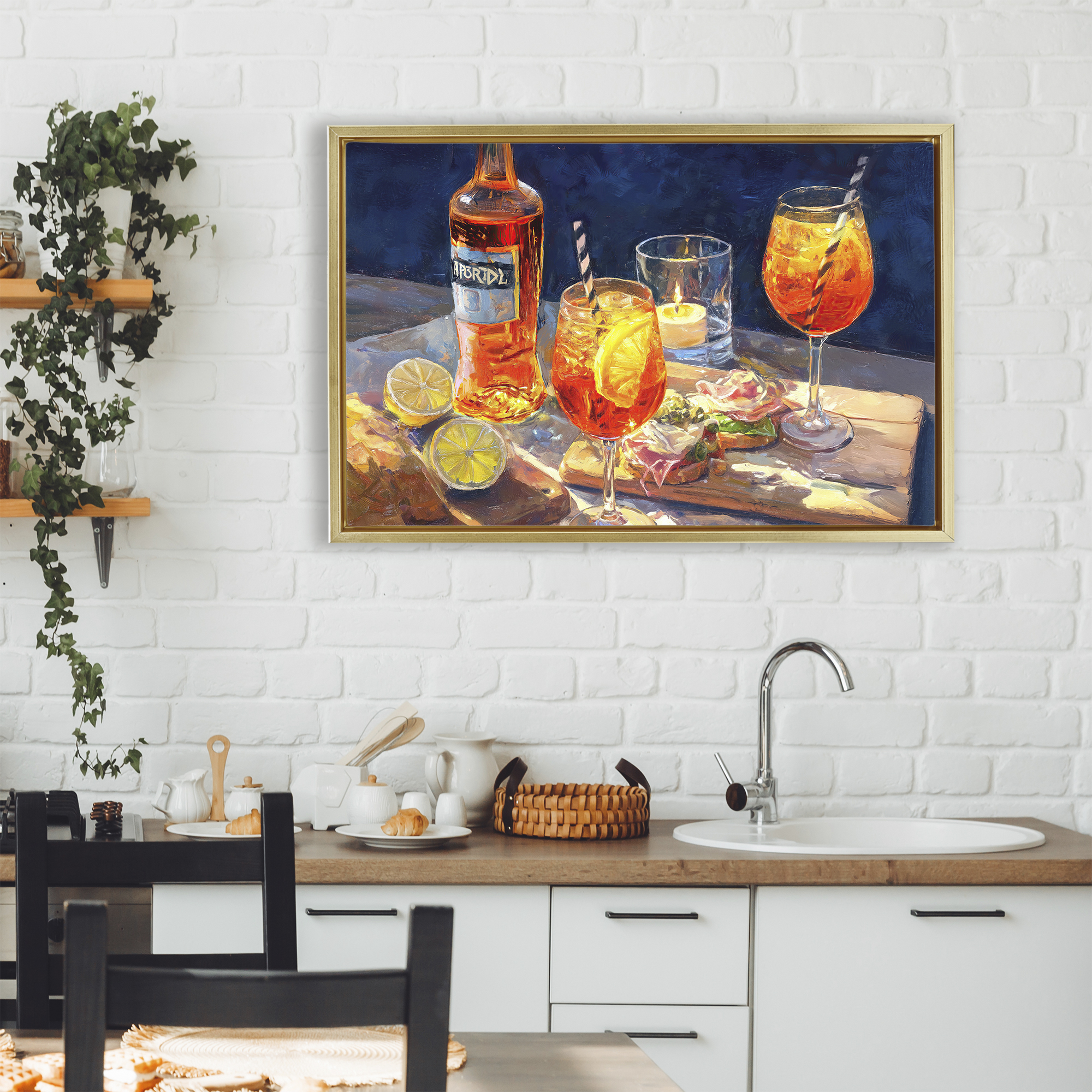 Sprits Table Still Life Gold Framed Floater Canvas Wall Art, design by Ziwei Li