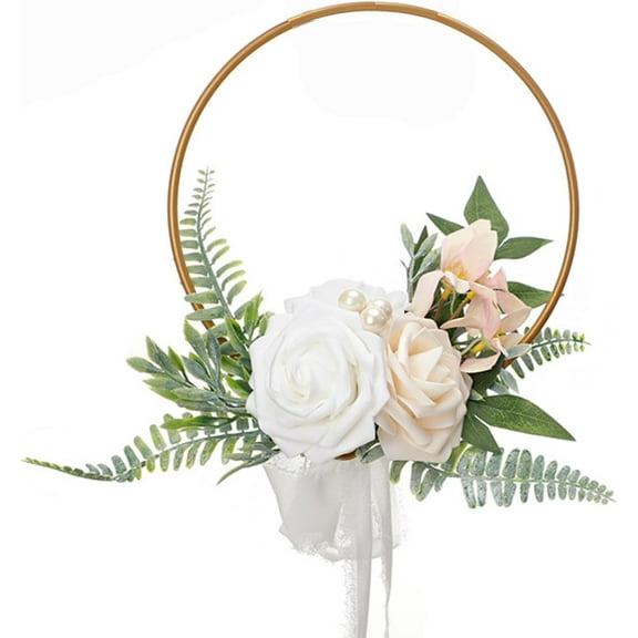 Wedding Floral Hoop Wreath for Bridesmaids, Artificial Flower Hoop Wreath Rose Flowers and Ribbon Wedding Hanging Wreath for Bridal Shower, Ceremony Anniversary, White