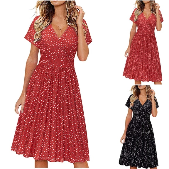Aboser Wedding Guest Dresses for Women Summer Short Sleeve Sundress Trendy Polka Dot Printed Dress Flowy A Line Midi Dresses Dressy V Neck Party Dress