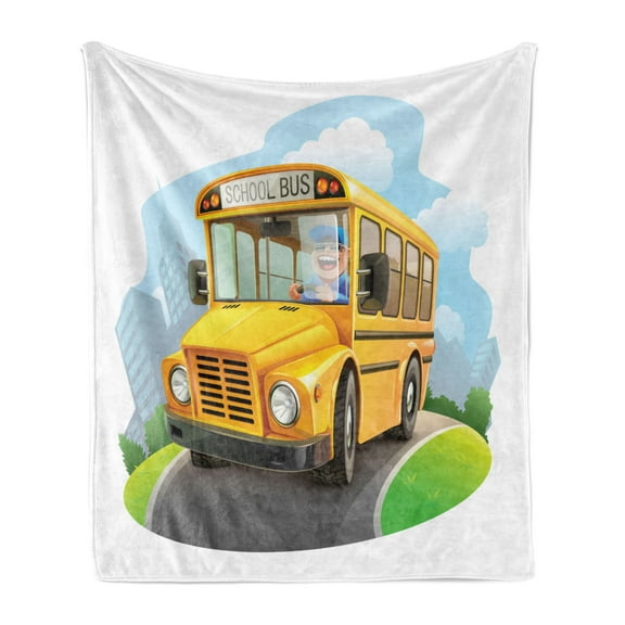 School Bus Soft Flannel Fleece Throw Blanket, Bus Driver Laughing and Driving Cartoon Funny Drawing Wheels on the Road, Cozy Plush for Indoor and Outdoor Use, 70" x 90", Multicolor, by Ambesonne