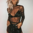 thumbnail image 2 of Women Mesh Sheer Lace Shirts See Through Sparkly Rhinestone Crop Top Long Sleeve Turtleneck T-Shirt Blouse Tops, 2 of 6