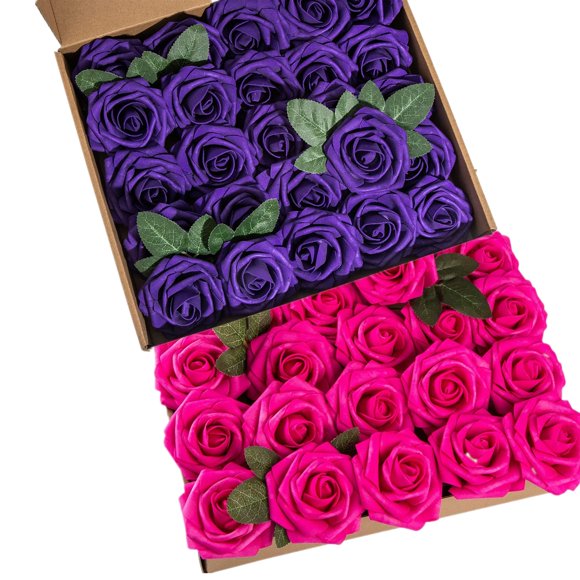 Lansdowns Hot Pink Foam Rose 50Pcs Real Looking Fake Purple Rose With Stems Leaves For Home Decoration Party Garden Centerpieces Diy Wedding Bouquets(Hot Pink&Purple)