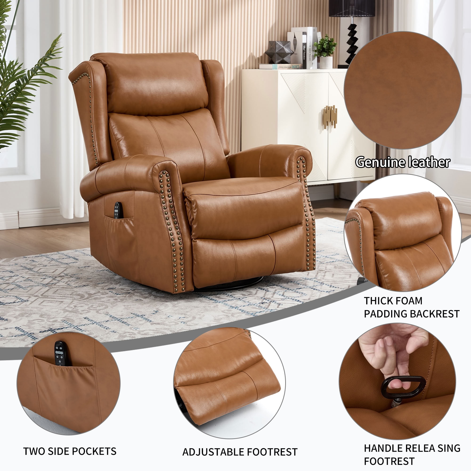MAYEERTY 360 Degree Swivel Rocker Recliner Chair, Genuine Leather Manual Recline Glider Armchair with 8-Point Vibration Massage & Lumbar Heat, for Living Room Home Theater